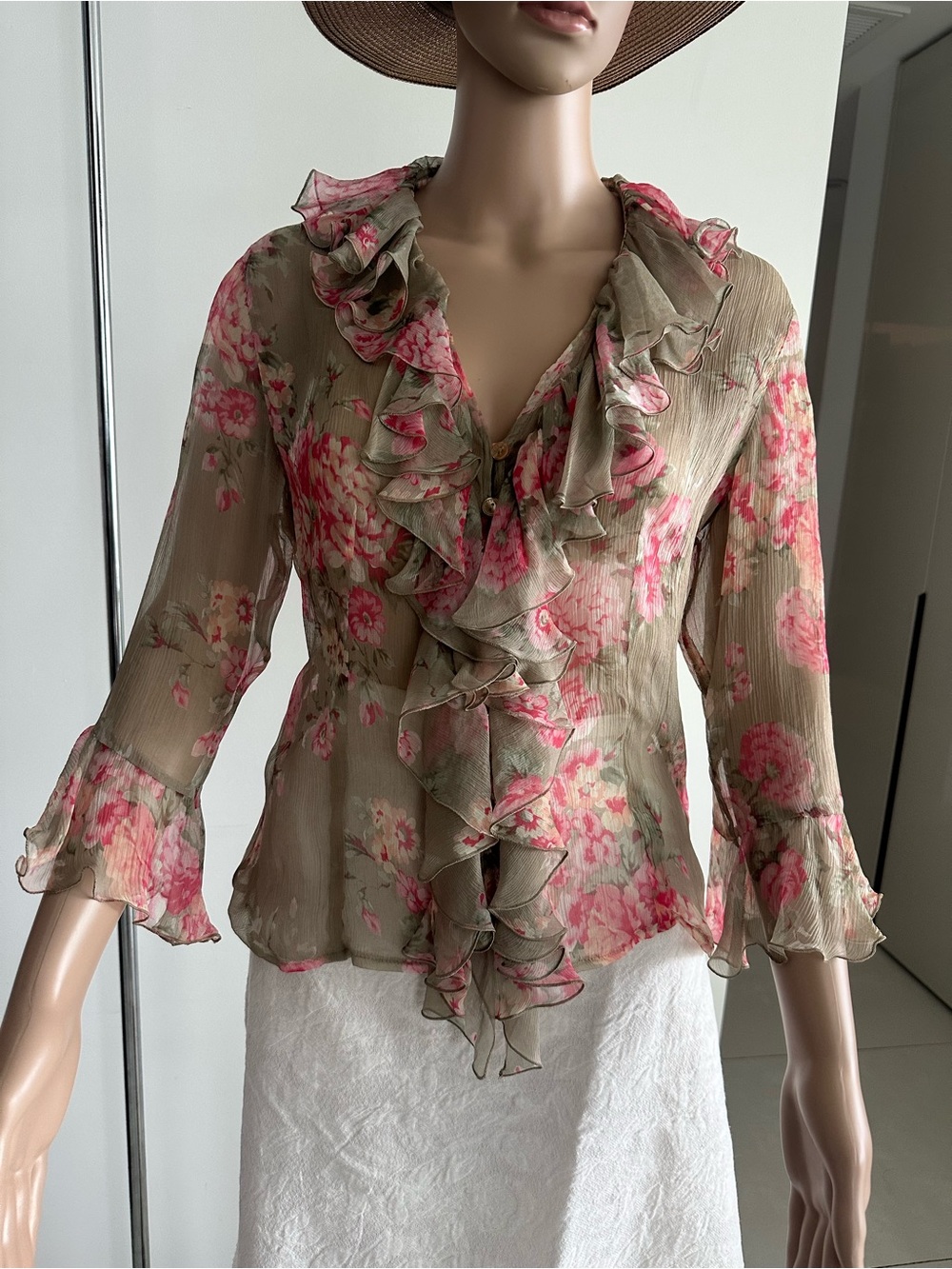 Anne Fontaine Blouse Womens 42 beige  Floral Sheer Silk Ruffle 3/4 Sleeve